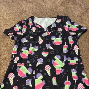 Women’s Scrub Top with Ice Cream and Mouse Ears Design
